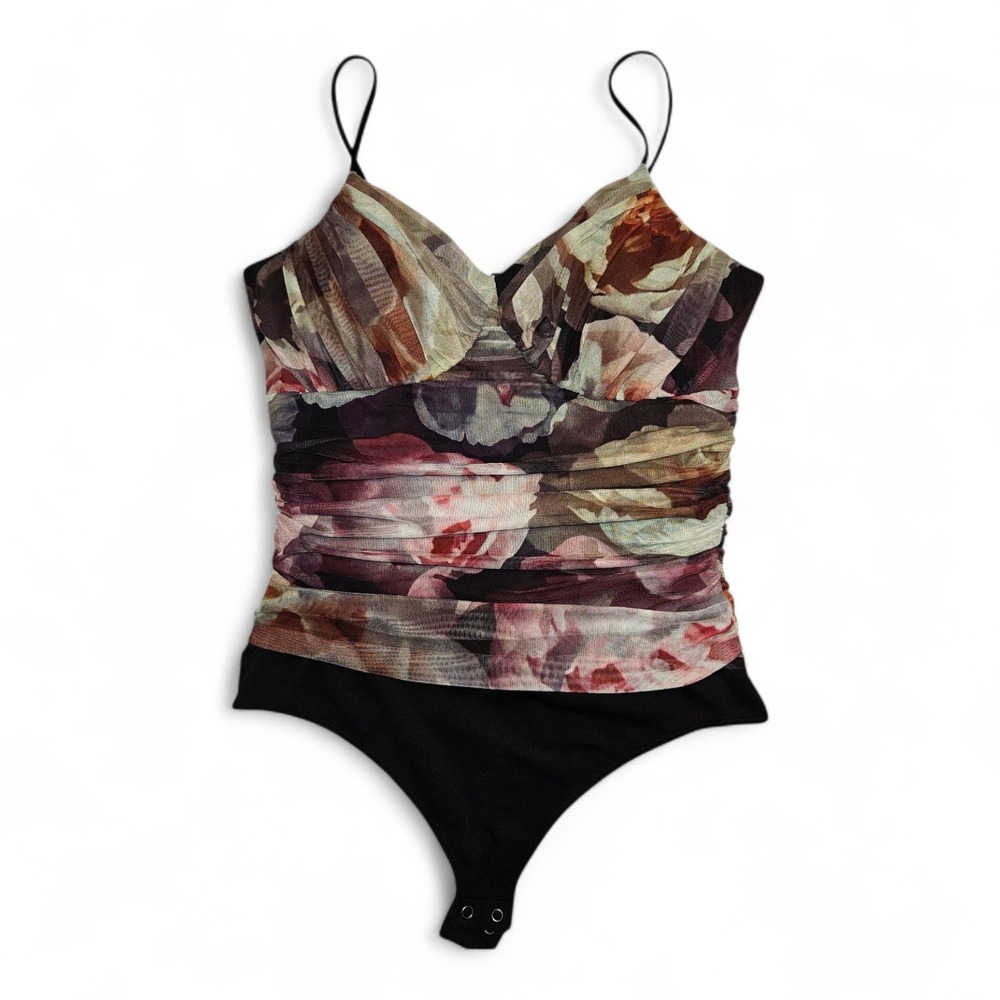 Express Ruched Mesh Cami Bodysuit Womens Large Floral Sheer Y2K Babydoll Goth‎